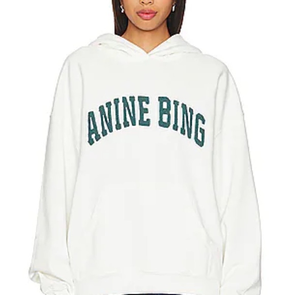 Anine Bing Cream Hoodie with Dark Green Logo